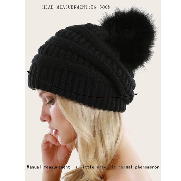 Black Cable Knit Beanie Hat Faux Fur Pom Pom 100% Acrylic - Picture 3 of 6